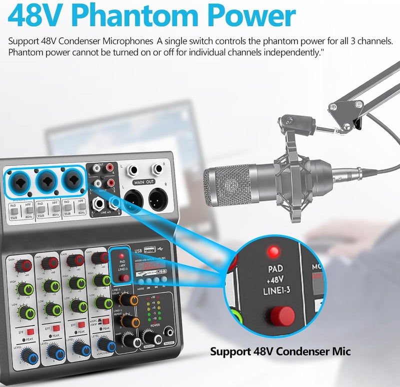 Aveek Professional Audio Mixer, Sound Board Mixing Console with 5 Channel Digital USB Bluetooth Echo Delay Effect, Input 48V Phantom Power Stereo DJ Mixers for Recording, Live Streaming, Podcasting - Image 5